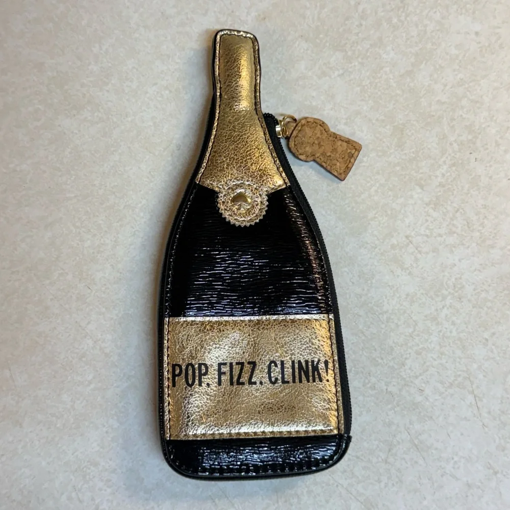 Kate Spade New York Pop Fizz Clink! Champagne Bottle Coin Purse Gold Black NWOT